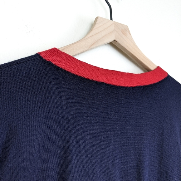 Vintage Jaeger Navy Blue W/ Red Trim Wool Sweater - Picture 9 of 11